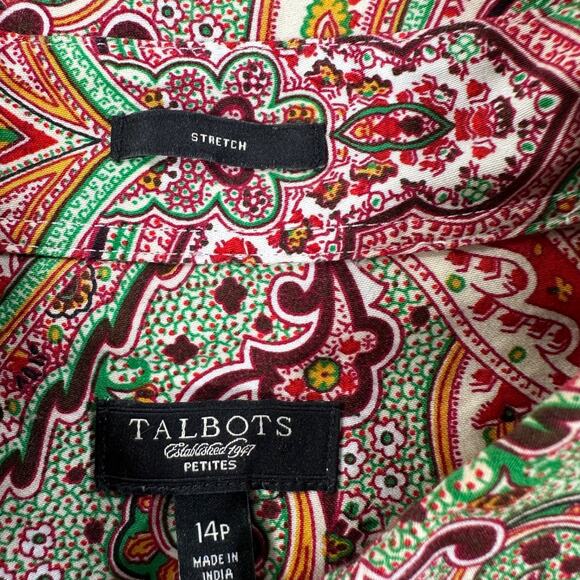 Talbots Colorful Paisley Button Down Shirt Women's 14 Petite Stretch Green Pink - Picture 5 of 9